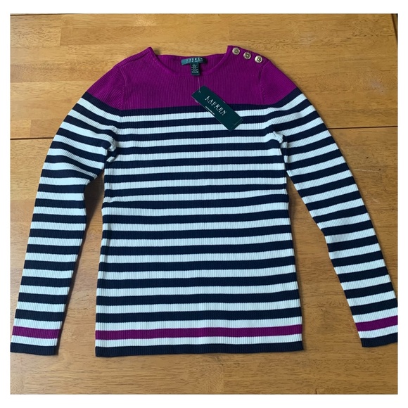 Ralph Lauren Sweaters - Ralph Lauren Cranberry Black & White Striped Sweater, Size L